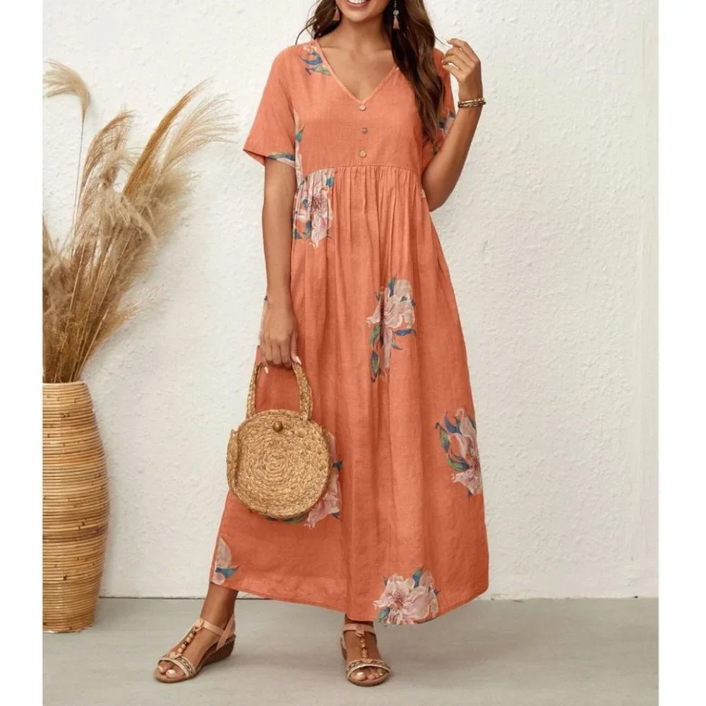 Coral Cotton Floral Maxi Dress - Picture 2 of 10